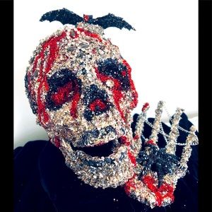 Objet d’art 1 of artisan Embellished Crystal & glass skull hinged jaw & hand.